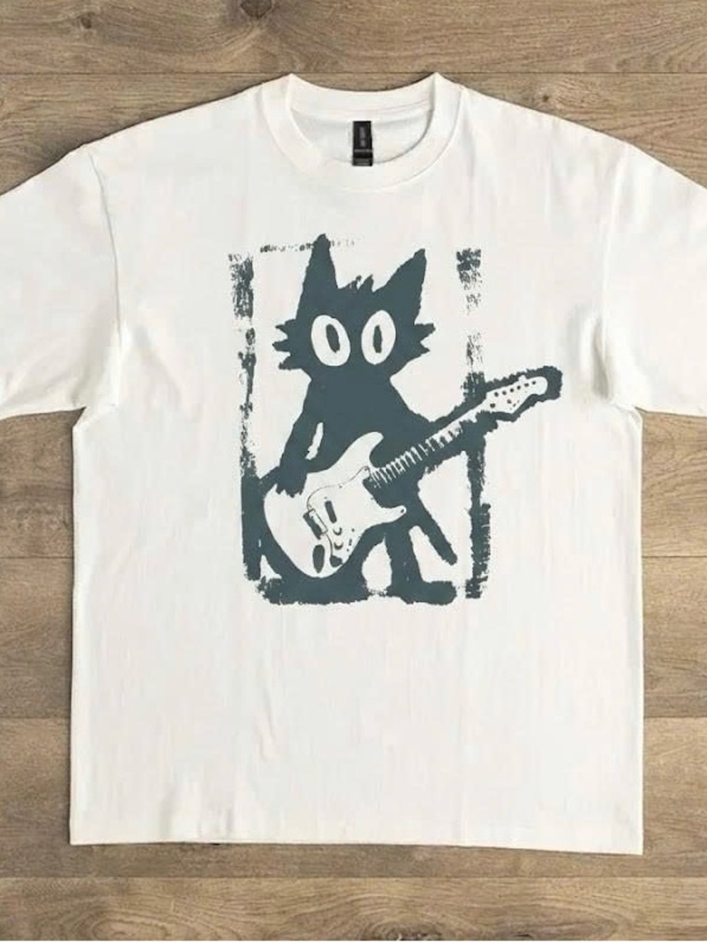 Gildan White Tee with Gray Cat Playing Guitar Graphic